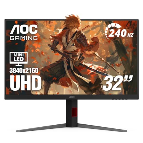 AOC Gaming U32G4ZMN 31.5" 4K UHD Mini-LED Monitor, 240Hz, 1ms GtG, HDR1000, 1152 Zones Local Dimming, VA Panel, HDMI 2.1 x2, DP 1.4, G-Sync Compatible, Height Adjustable Stand, VESA, Black/Red