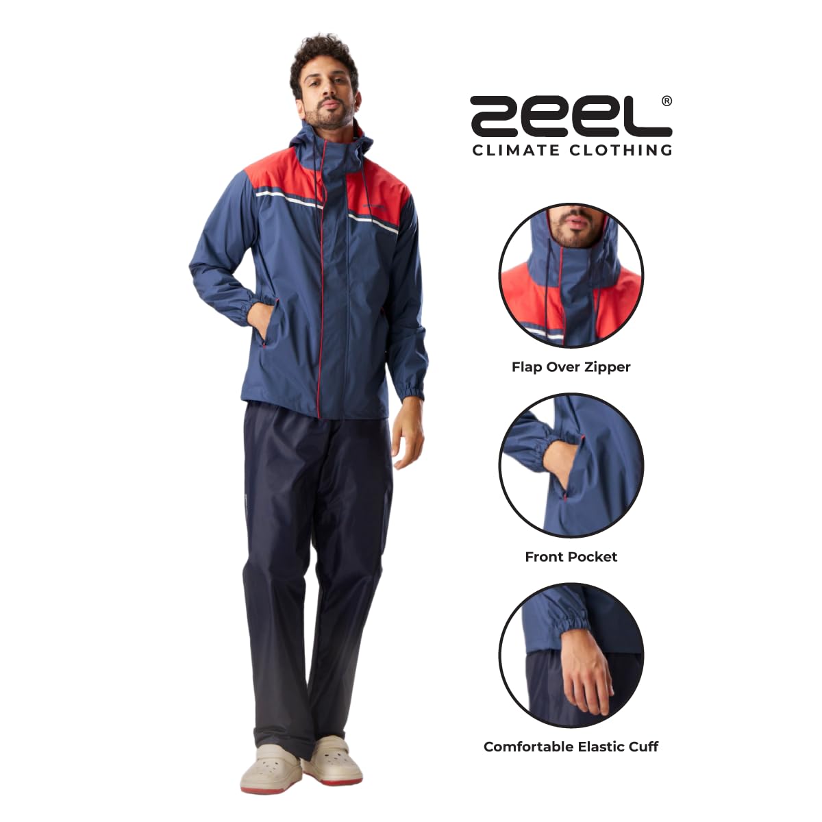 ZEEL Rain Coat for Men Waterproof for Bike Riders with Adjustable Hood and Pocket,Waterproof Raincoat with Polyester Jacket Pant and Carrying Pouch,AZ06 Navy-Red XXL 4