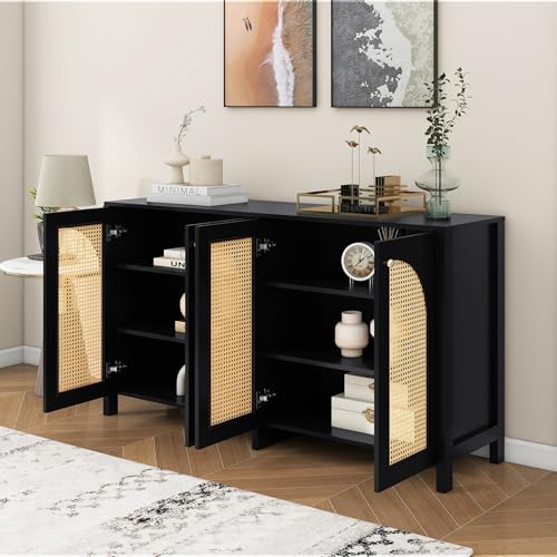 Aparador de 4 puertas negro de ratán minimalista para cocina y comedor mdf 5