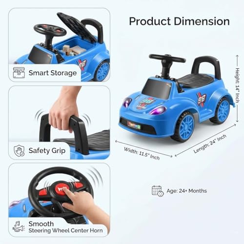 Image of Kids Ride On Blue Car for Toddlers with Steering Wheel & Backrest | Foot to Floor Baby Push Car | Indoor Outdoor | Strong Wheels & Comfortable Seat | Racing Design for Boys & Girls (1-3 Years)