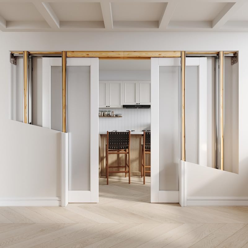 View of a pocket door frame installed within a wall, showing the internal structure and the doors partially open.