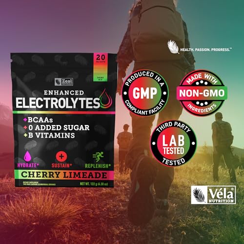 Image of Enhanced Electrolyte Powder Stick Packs (Cherry Limeade | 20 Packets) w / 0 Sugar +BCAAs +B-Vitamins Electrolyte Supplement w Potassium Zinc & Magnesium for Hydration - Keto Electrolytes