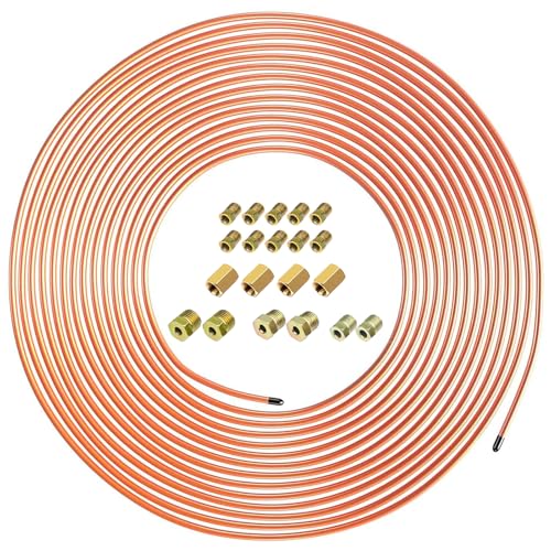 Copper Coated Brake Line 3/16 Coated Steel Brake Line Tubing Kit (3/16 x 25FT) with 16 Fittings & 4 Unions