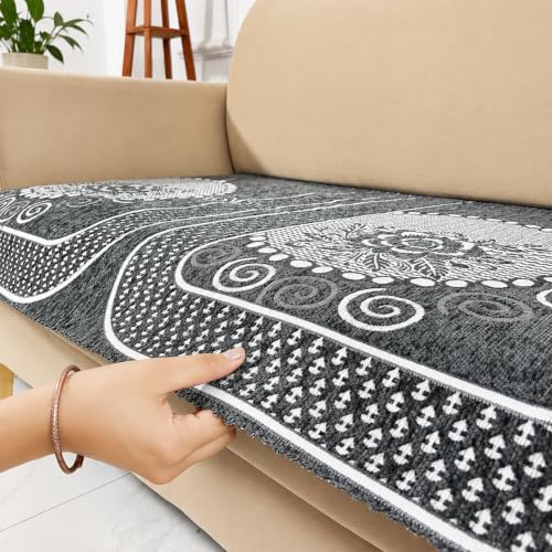 Image of Homerz Premium Chenille Fabric Sofa Cover | Soft, Durable & Dustproof | Decorative Couch Cover (Solitaire Grey, 3 Seater, Only Seat Cover)