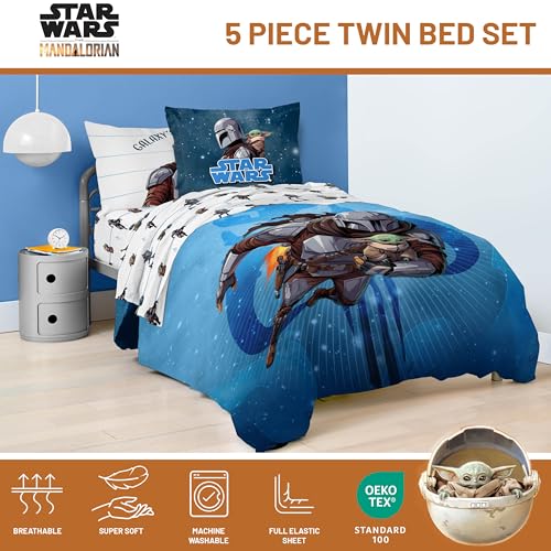 Image of Jay Franco Kids Bed Set, Blue, The Mandalorian, 5 Piece Twin | Cozy Soft Bedding for Stylish Room Decor with Comforter, Sheets & Pillow Covers