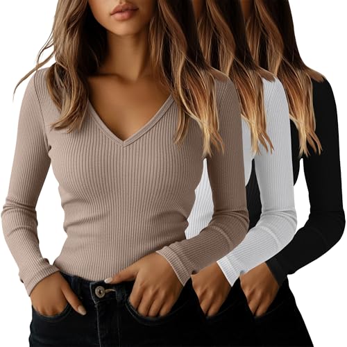 Ficerd 3 Pack Women's Long Sleeve T Shirts Cotton V Neck Slim Fit Tops Ribbed Knit Layering Casual Basic Tees 2025 Fall(Black, White, Khaki,Medium)