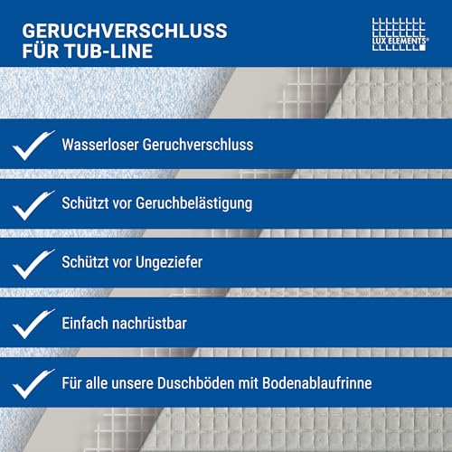 LUX ELEMENTS Wasserloser Geruchsverschluss Dusche TUB-LINE BAZ STOP I Graue Multistopp Geruchs-, Schaum- & Ungeziefersperre I Nachrüstbar & leicht zu reinigen