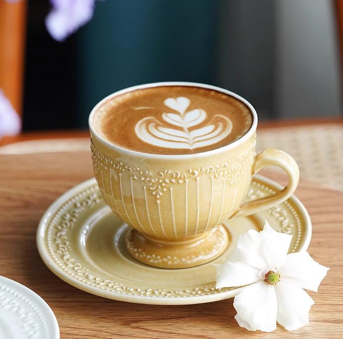 Set di tazze e piattini da caffè e tè in ceramica set di tazze da caffè e piattini in ceramica gialla piatto per tazza da latte e succo regali di compleanno per ufficio e casa