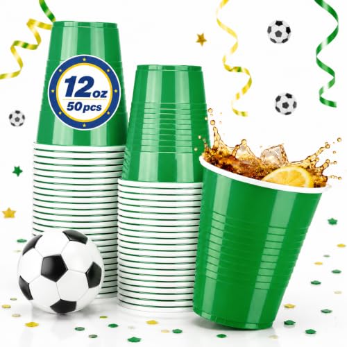 Glotoch 12 oz Disposable Plastic Party Cups 50 Count Sturdy BPA-Free Green Plastic Cups for Soccer Watch Parties Picnics BBQ & Events