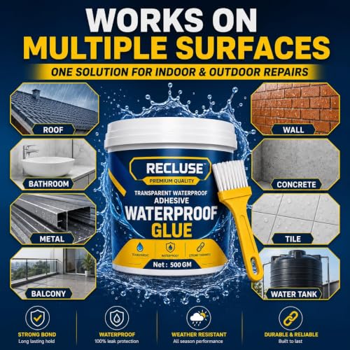 Image of RECLUSE Transparent Waterproof Glue 500GM | Heavy Duty Leak Proof Adhesive | Strong Sealant for Roof, Wall, Tile & Pipe Repair | Strong Bond for Tile,Concrete,Metal,Wood,Plastic & Ceramic