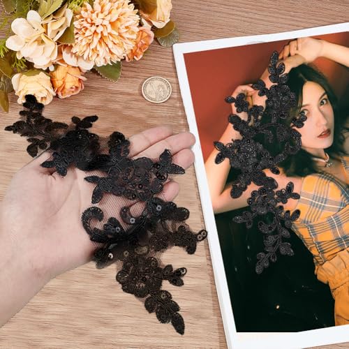 GORGECRAFT 3D Sequin Beads Embroidered Lace Applique Flowers Leaves Sew on Trim Patches Glitter Bead Floral Collar Fabric Craft Decoration Patch for Sewing Wedding Clothes Dress Pants Jeans Bag Black - Image 3