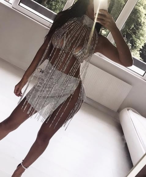 CanB Rhinestone Long Body Chain Sliver Crystal Tassel Choker Chains Necklace Bikini Beach Nightclub Party Harness Body Accessories Jewelry for Women - Image 4