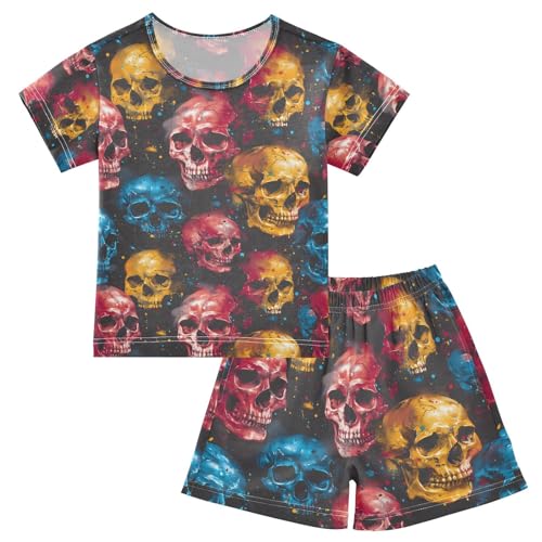 ALAZA Watercolor Sugar Skull Skeleton Pajamas Set Short Sleeve Cotton Sleepwear Summer Pjs 2 Piece 5-14Y