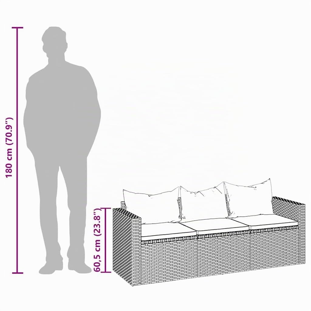 vidaXL Tuinbank 3-zits met kussens poly rattan grijs