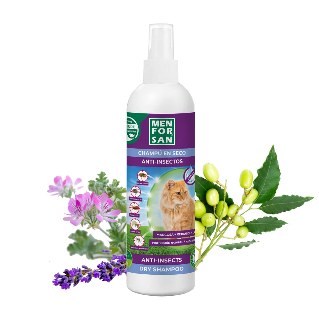 MENFORSAN Champú en seco Anti-Insectos para Gatos, Lavandino, Transparente, 250 ml