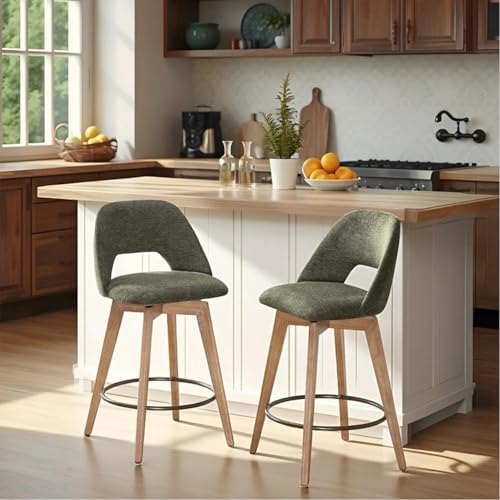Image of Zesthouse Swivel Farmhouse Bar Stools Set of 2, 26 inch Modern Counter Stools with Open Back & Natural Wood Legs, Upholstered Linen Fabric Counter Height Barstools, High Chairs for Island Kitchen, Green