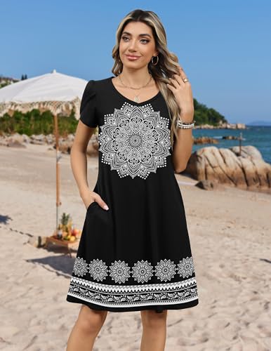 Image of Zeagoo Womens Summer A-Line Dress with Pockets Mini Short Sleeve Dresses Flowy Beach Swing Dress 2026 Vacation Travel