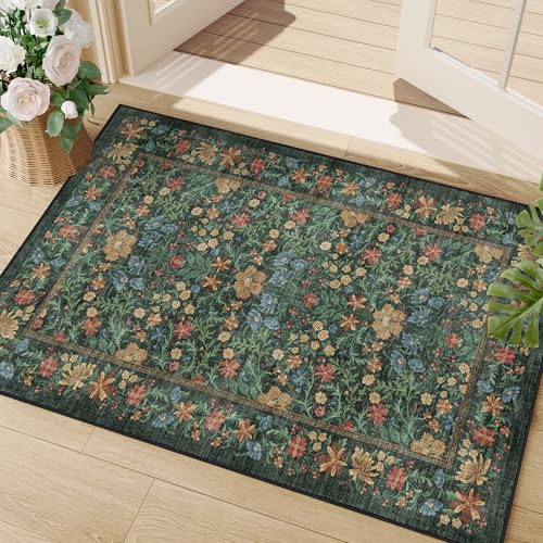 DUKINO 2x3 Entryway Rug, Washable Vintage Floral Area Rug, Green