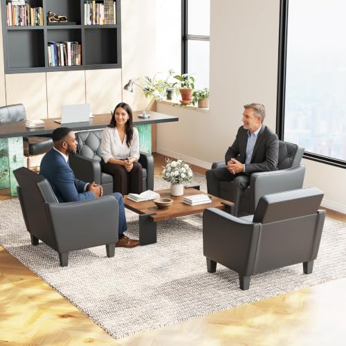 Image of Black Accent Chairs, Faux Leather Armchair, Mid Century Modern Lobby Chair | STHOUYN Waiting Room Chairs, Tufted Back Upholstered, 330LBS Capacity, Office Guest Chairs Living Room Bedroom