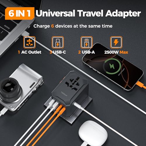 Image of TESSAN Universal Travel Adapter, GaN 65W International Power Adapter with 5 USB Ports (3 USB C), Worldwide Plug Adaptor for US to Europe UK France Germany Spain Australia (Type C G A I), Black
