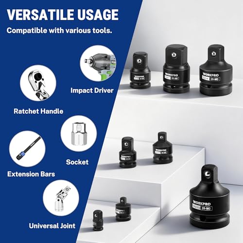 Image of WORKPRO 8-PC Impact Socket Adapter Set with Case, CR-MO Steel | 1 /4 inch,3 /8 inch,1 /2 inch,3 /4 inch,1 inch Drive Adapters, Impact Wrench Conversion Kit, Automotive & Mechanical Repair, Impact Grade