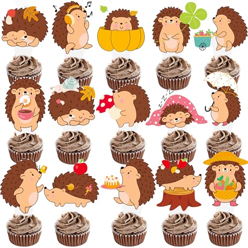 48pcs Hedgehog Cupcake Toppers for Birthday Party Decoration - Cute Cartoon Theme Picks for Woodland Party Supplies, Forest Animal Baby Shower Decorations