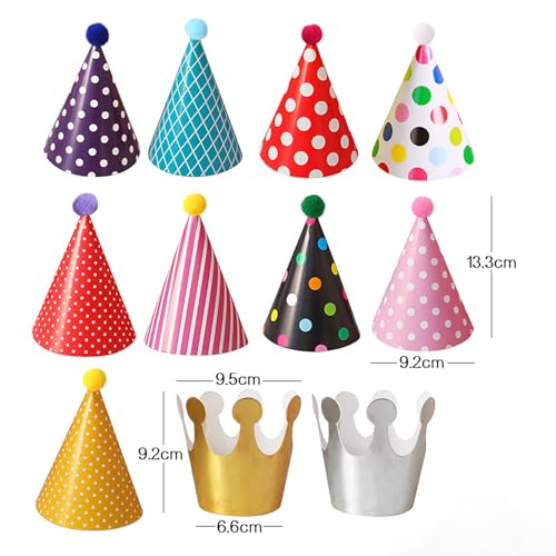 11 Stück Partyhüte Geburtstag Set für Kinder- und Erwachsenenfeiern, Kegel Party Hüte mit Pompons