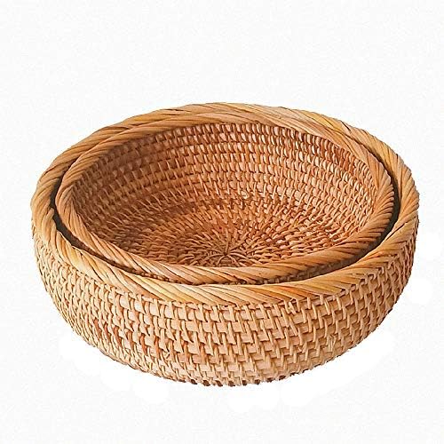 AMOLOLO Set of 2 Round Rattan Bowl Basket, 8 9 Inch Handmade Wicker Basket Tray with Scalloped Edge and 3”Deep Wall, Decorative Woven Brown Bread Basket Fruit Bowl Key Holder Table Centerpiece, 2-Size