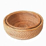 AMOLOLO Set of 2 Round Rattan Bowl Basket, 8 9 Inch Handmade Wicker Basket Tray with Scalloped Edge