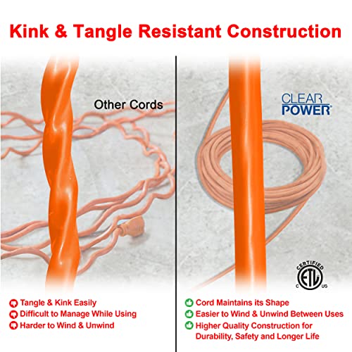 Clear Power 50 Ft Indoor/Outdoor Extension Cord, Orange, Power Indicator Light, Water & Weather Resistant, Flame Retardant, 3 Prong Grounded Plug, Cp11117 #TOP7