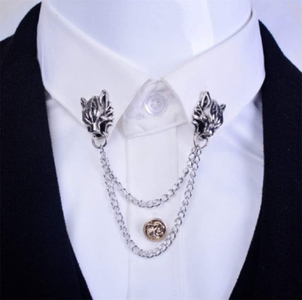 Punk Wolf Pin Brooch for Men's Suits - Silver Chain Tassel Buckle Neckwear Accessory