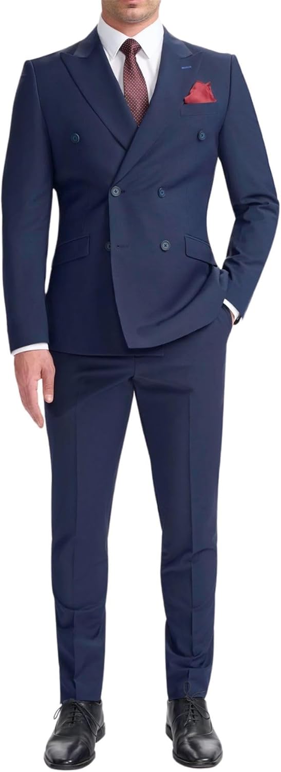 Men's Suit Navy Blue 2 Piece Double Breasted Tailored Fit Formal Wedding Dress