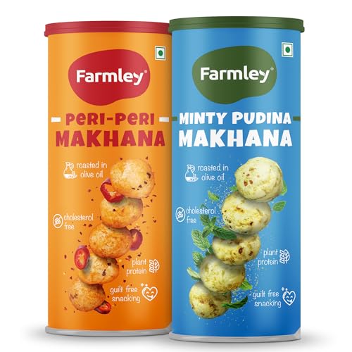 Image of Farmley Roasted Makhana, Peri Peri & Minty Pudina Flavour I 77g Each I Healthy Snack Roasted in Olive Oil | Guilt-Free & Crunchy Munchies | Pack of 2