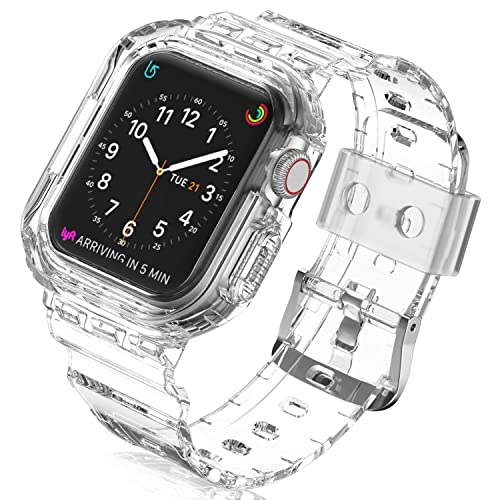 Tasikar Bracelets Transparent Compatible avec Bracelet Apple Watch 45mm 44mm 41mm 40mm avec Coque, Bracelets de Remplacement pour Sport Crystal pour iWatch Series 8/SE/7/6/5/4, 40mm/41mm, Transparente Cover