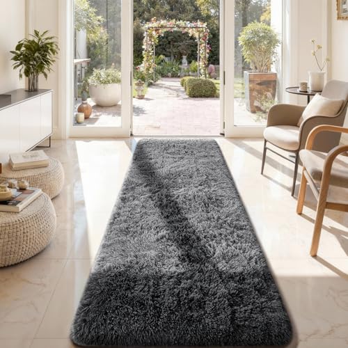 Image of Ophanie 2x8 Runner Rug for Hallway, Upgrade Non-Slip Fluffy Soft Bedside Rugs, Bedroom Living Room Grey Shaggy Gray Carpet for Kids Dorm Home Decor with Over 99 pcs Pile fibers