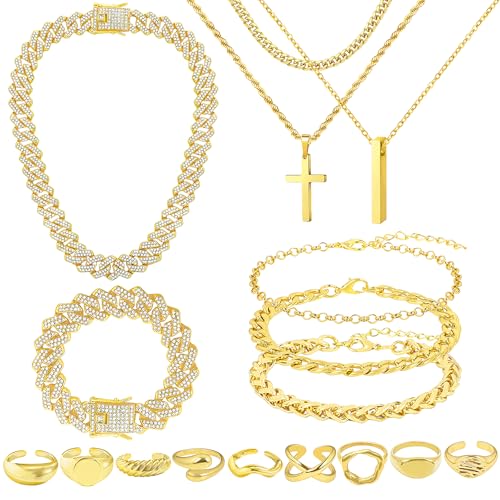 NEWITIN 15 Pieces Gold Jewelry Set for Men Stainless Steel Cuban Link Necklace Bracelet Cross Pendant Necklace Vintage Ring Cuban Jewelry Set for Men Women