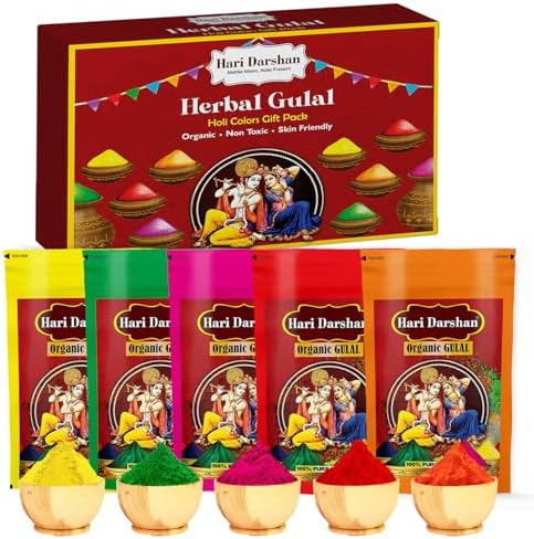 Hari Darshan Organic Gulal -500g | Red Green Saffron Yellow Pink | Holi Gulal | Organic & Herbal Gulal | Eco-Friendly Chemical-Free Skin-Friendly Colors for a Safe Holi | Combo Pack of 5 (100gm Each)