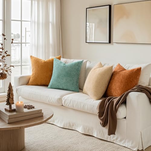 Image of MIULEE Pack of 4 Orange /Teal Couch Throw Pillow Covers 18x18 Inch Yellow Green Soft Decorative Chenille Pillows Farmhouse Accent Cushions for Boho Fall Home Decor Sofa Bedroom Living Room