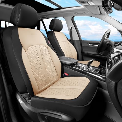Image of Coverado Universal Leather Seat Covers Full Set for 5 Seats - Waterproof, Durable All-Weather Protector for SUV, Pickup Truck, Sedan, Black&Beige