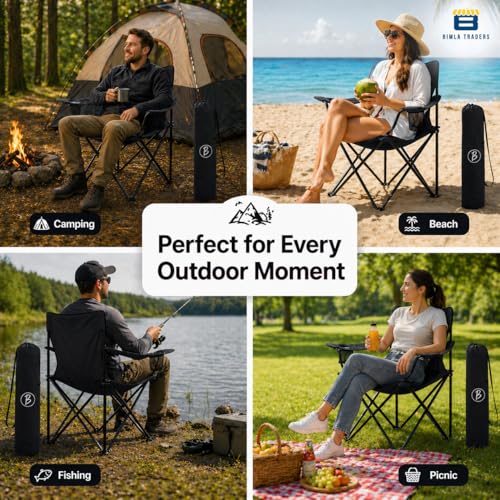 Image of BTAG Foldable Camping Chair with Armrest & Cup Holder, Portable Outdoor Chair with Carry Bag for Camping, Picnic, Fishing & Travel - Black