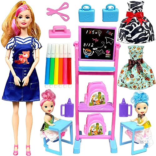 Image of SUPER TOY Folding Hands Teacher Doll Playset Toy with 2 Baby Doll Play Set for Kids Girls