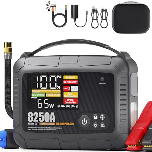 JFEGWO CS02-8250A Jump Starter Heavy Duty with Air Compressor (All Gas/12L Diesel), 118Wh 150PSI Portable Car Truck Jump Pack, 12V Lithium Jump Box Battery Booster Pack 65W Fast Charging LED Display