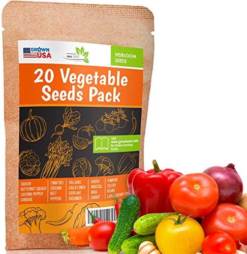 Favorite Vegetables Seeds Pack - Heirloom and Non GMO, Grown in USA - Indoor or Outdoor Garden - Tomatoes, Zucchini, Peppers, Cauliflower, Eggplant, Pumpkin, Carrot, Celery, Radish and More
