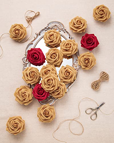 DuHouse 25Pcs Artificial Roses Flowers Fake Rose with Stems Real Touch Foam Flower Head for DIY Wedding Bridal Bouquet Baby Shower Centerpiece Floral Arrangement Party Home Decor(Light Gold) - Image 2