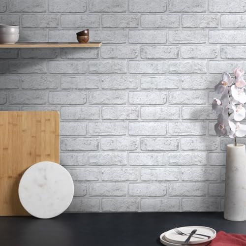 COMSTICKC 3D Faux White Brick Wall Panels Peel and Stick Wall Stickers, 10 Pcs of 12"X12", with Gray Spots Design, Small Size Thin PVC Whitewash Fake Brick Adhesive Wall Covering Backsplash Decor by COMSTICKC - Used condition - Image 2