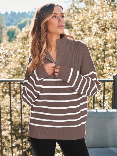 LILLUSORY Women's Quarter Zip Striped Oversized Sweater 2025 Mock Turtleneck Fall Fashion Outfit2