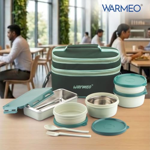 Image of WARMEO Micro Meal Microwave Safe Lunch Box | 1 Rectangular Container 600ml + 2 Round Container 350ml Each | BPA Free I Stylish Durable Jacket I Ideal for Office,School,Outdoor, Picnic,Green