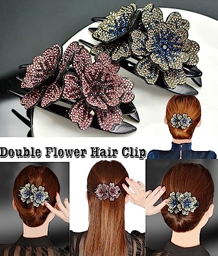 Pack de 4 Pinzas de Pelo Grandes con Doble Flor de Cristal Rhinestone, Clips de Pelo Decorativos para Mujeres para Cabello Grueso miniatura 6