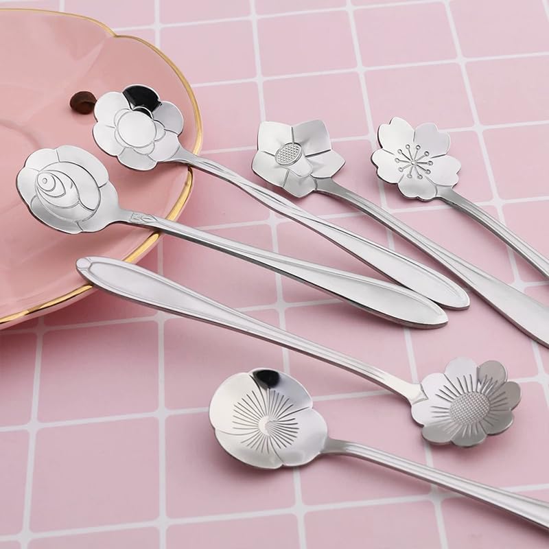 8pcs Flower Spoon Set Small Teaspoon Coffee Spoon Cute Ice Cream Dessert Honey Spoons Stainless Steel Kitchen Props