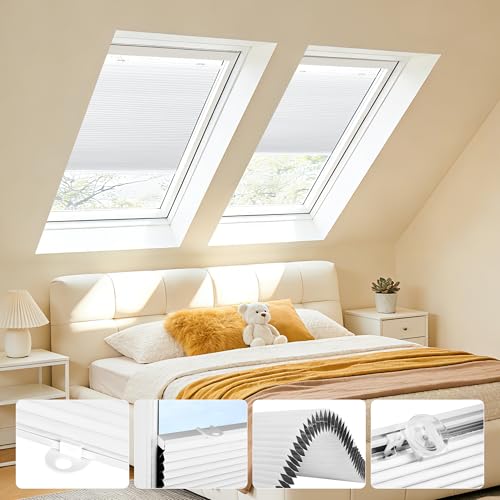 Grandekor Wabenplissee Plissee ohne Bohren Verdunkelung mit extra starken Saugnäpfen Weiß-Weiß 40x130cm,Thermo Doppelplissee für Dachfenster & Fenster, Sonnenschutz Sichtschutz Isoliereffekt